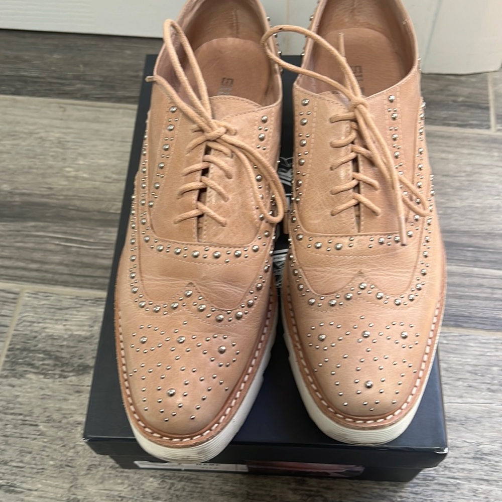 Silent D lace up loafers in tan with silver stud details, size 40